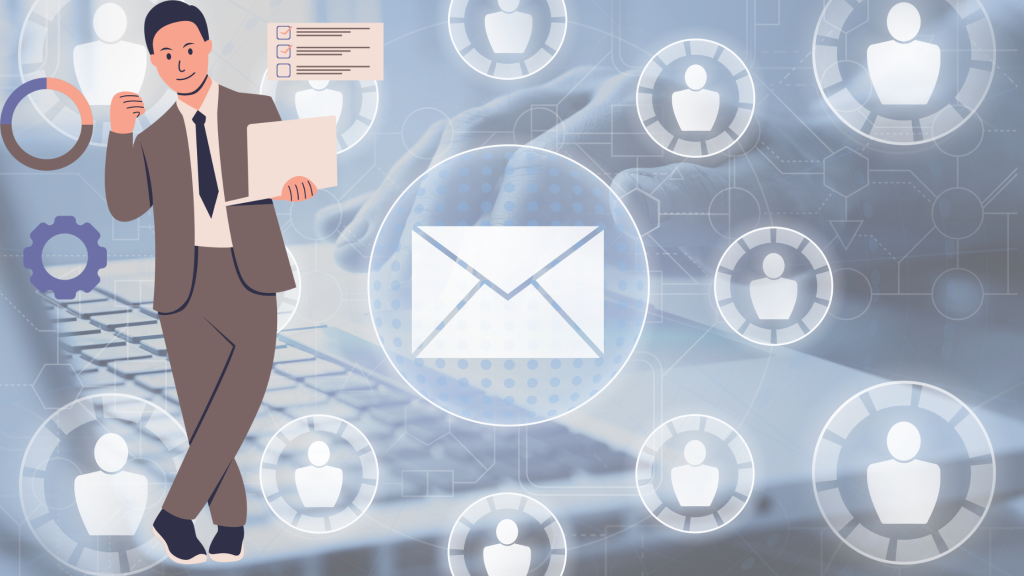 A man sending professional emails on laptop and message button in the background.