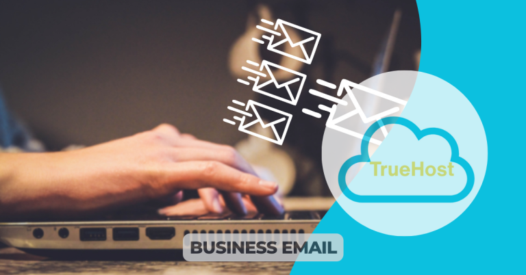 A person writing an email, truehost log in foreground and the topic: Business Email