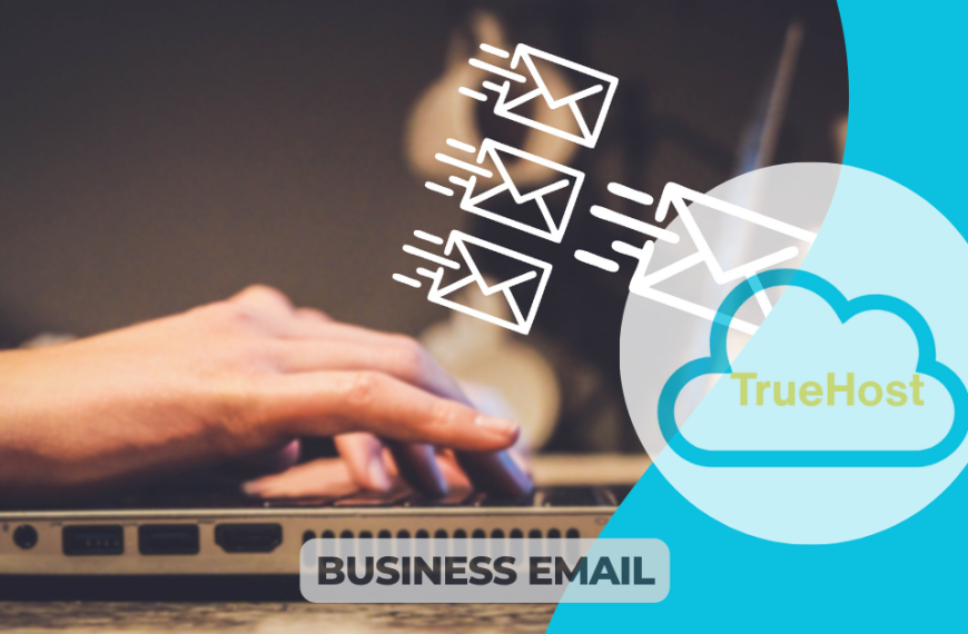 A person writing an email, truehost log in foreground and the topic: Business Email