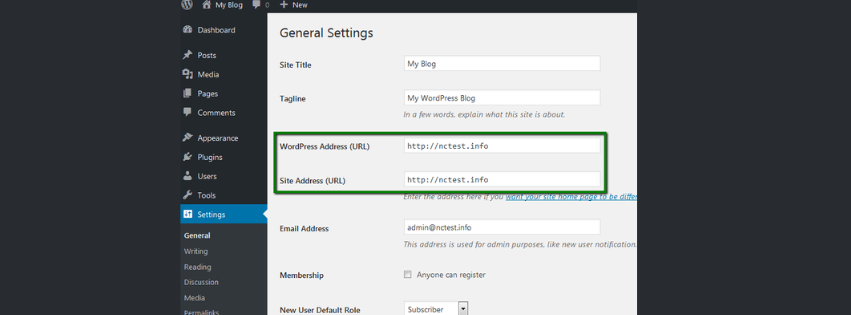A screenshot of wordpress, on how to change from http to https.