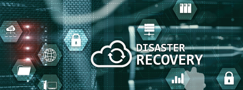 Shows the data backup, security, servers and internet signs and the title disaster recovery, an important aspect in data baclup and recovery