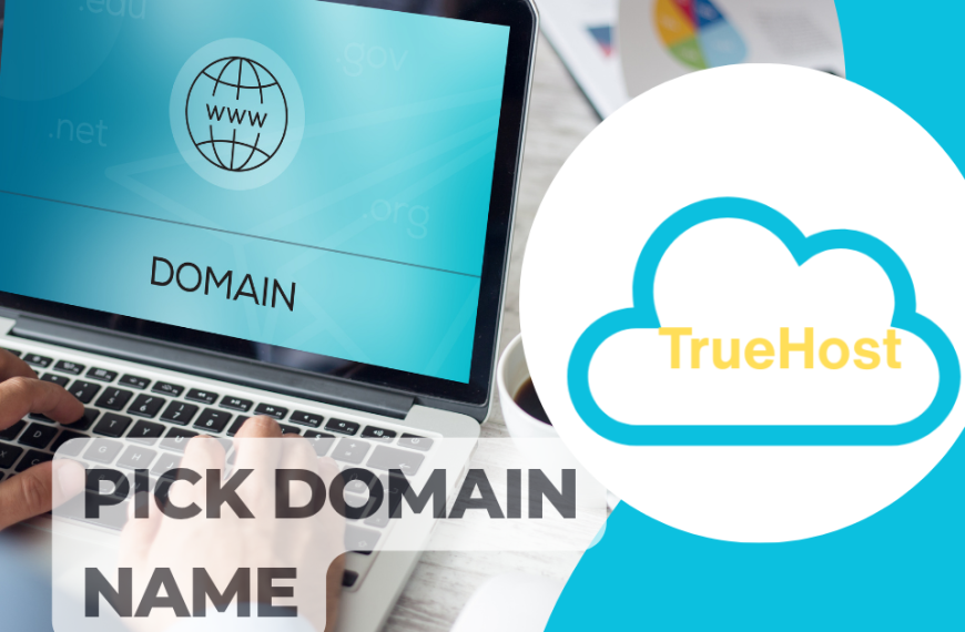 the truehost logo and domain background and title pick domain name