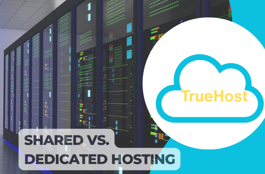 Shared vs dedicated hosting and the truehost logowith servers in the background