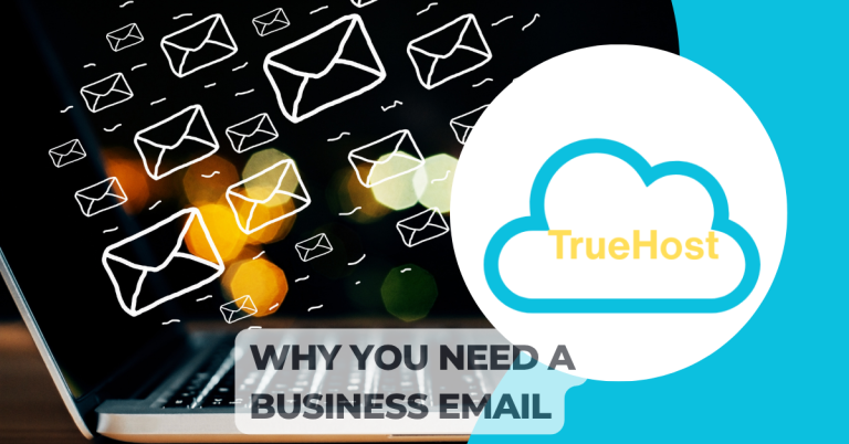 Email icons floating around in the background, truehost logo and the title: Why you need a business email.