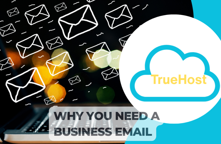 Email icons floating around in the background, truehost logo and the title: Why you need a business email.
