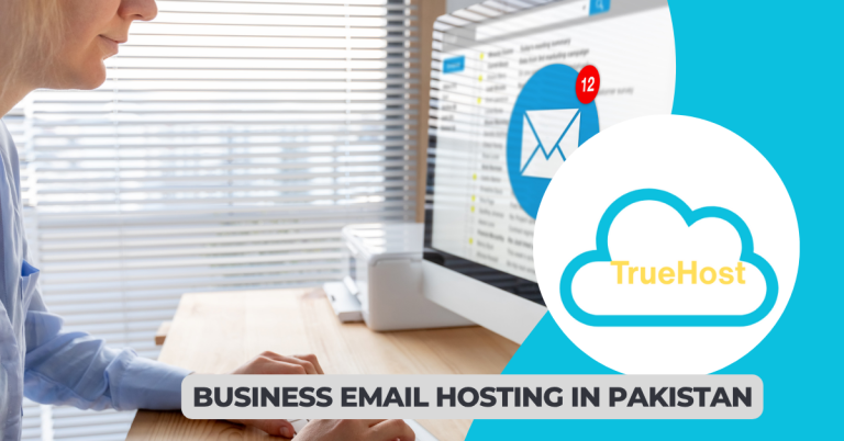 shows a woman working on a home office with the computer screen showing an email received, then a truehost logo and the title, Business email hosting in pakistan