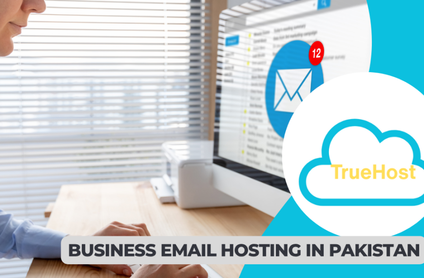 shows a woman working on a home office with the computer screen showing an email received, then a truehost logo and the title, Business email hosting in pakistan
