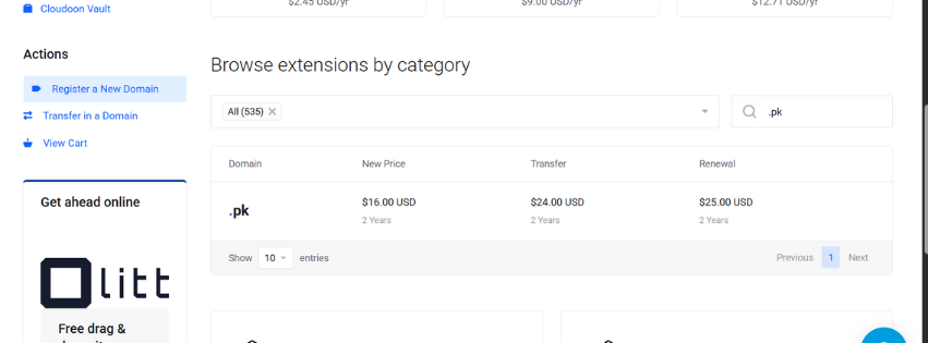 A screenshot of truehost.pk prices for a .pk domain, you can searchbefore registering your domain