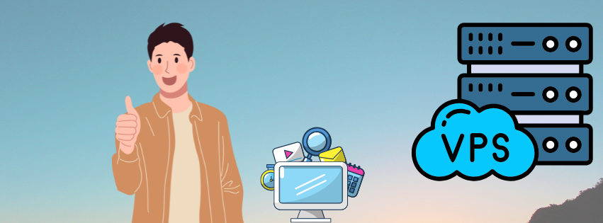 A man all smiles with a thumbs up and a computer with different functionalities on and the vps graphic. Represents the joy vps hosting brings to users