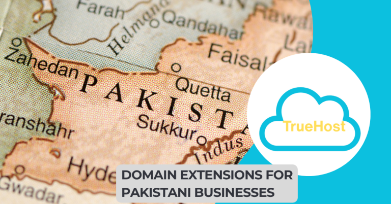 shows the pakistan map, truehost logo and the title Domain extensions for pakistani businesses