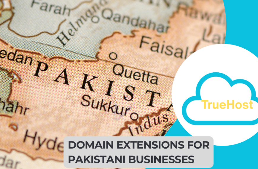 shows the pakistan map, truehost logo and the title Domain extensions for pakistani businesses