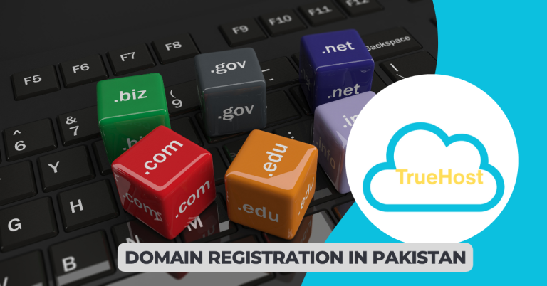 several cubes on a keyboard with domains written on them including .com, .biz, .gov etc and the truehost logo and the title domain registration in pakistan