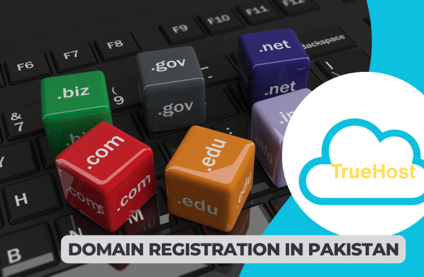 several cubes on a keyboard with domains written on them including .com, .biz, .gov etc and the truehost logo and the title domain registration in pakistan