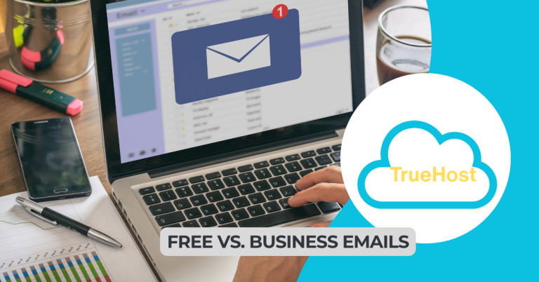 A laptop showing an email notification, the truehost logo and the title free vs. business email