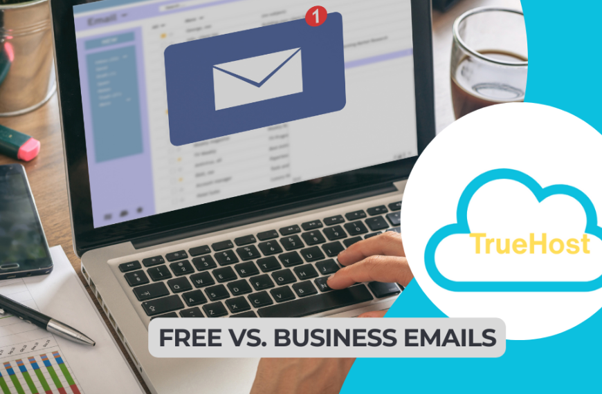 A laptop showing an email notification, the truehost logo and the title free vs. business email