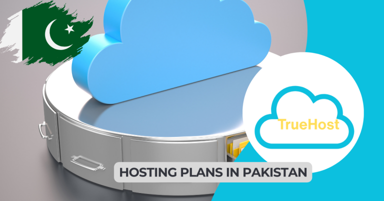 shos the pakistani flag, a cloud hosting for files, truehost logo on the side and the title, hosting plans in pakistan, in the foreground