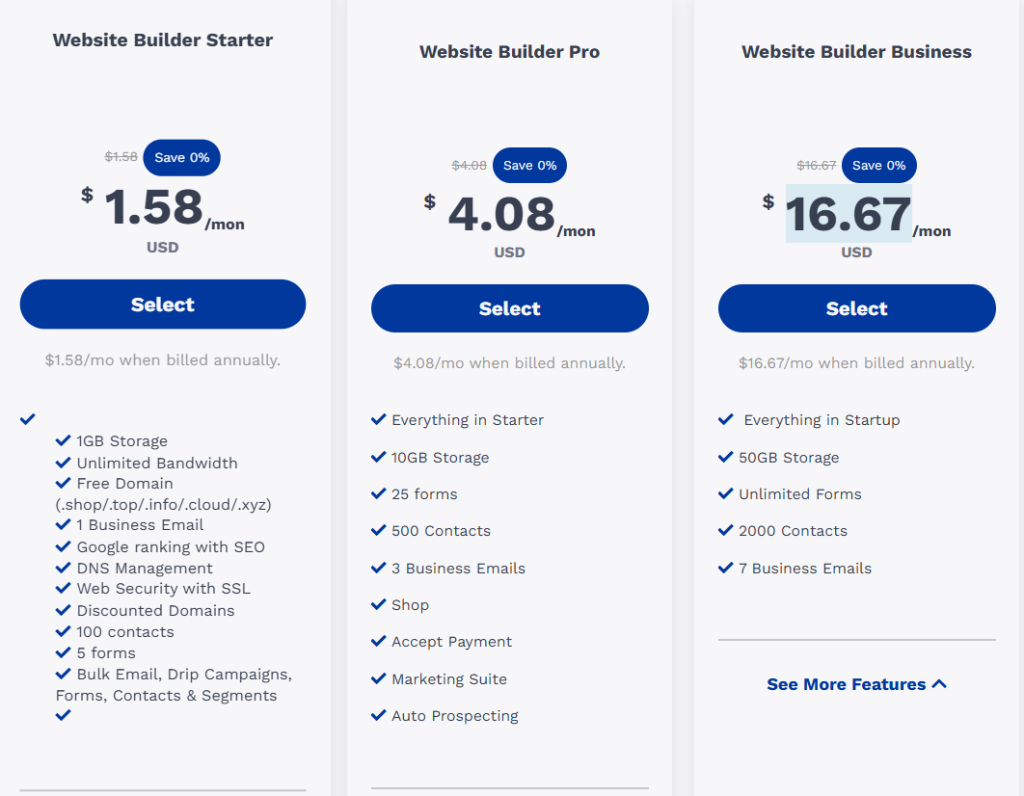 A screenshot of Truehost's website builder plans