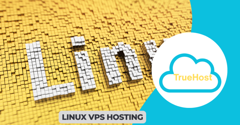 Shows the linux graphic and the truehost logo and the title linux vps hosting