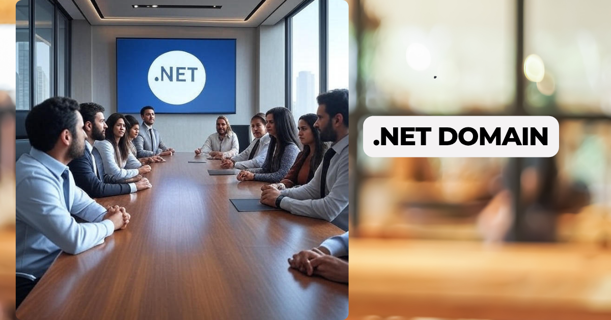a board meeting in a boardroom and the .net showing on the screen