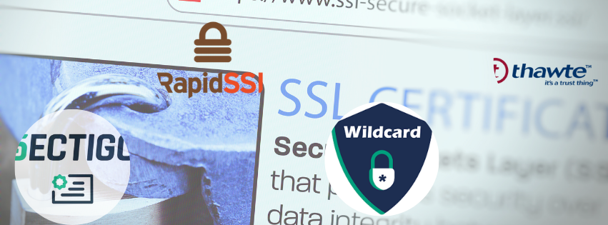 a website with ssl in the back ground and logos of ssl certificates providers including thawte, sectigo, rapid ssl adn wildcard