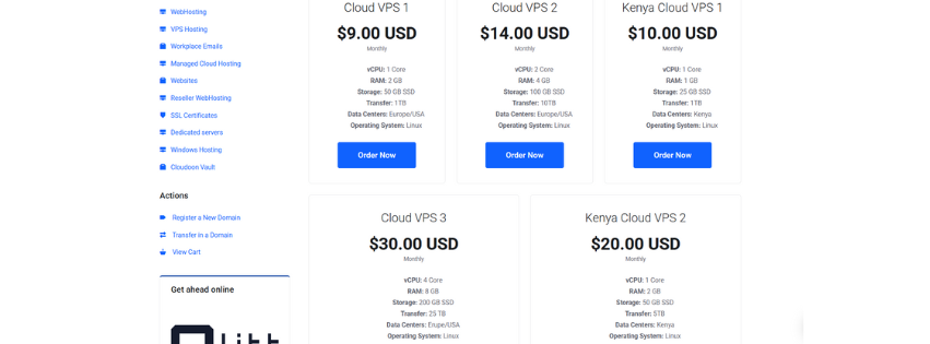 Screenshot of the five vps hosting plans available with different server locations.