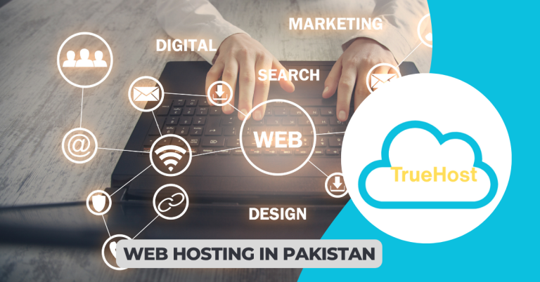 graphic showing how web hosting works and the truehost logo and tthe title web hosting in pakistan