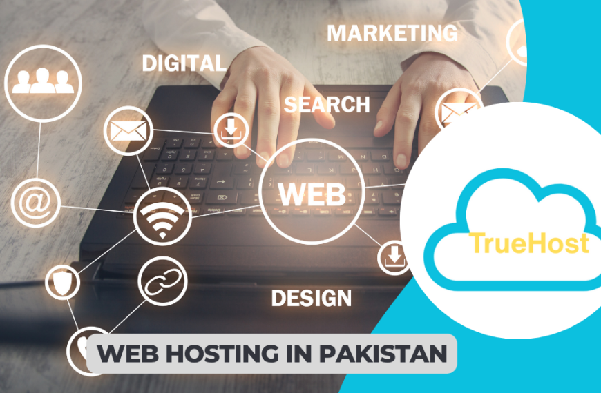 graphic showing how web hosting works and the truehost logo and tthe title web hosting in pakistan
