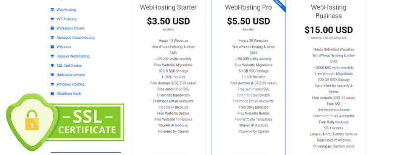 screenshot of truehost's webhosting plans that comes with free ssl certificates