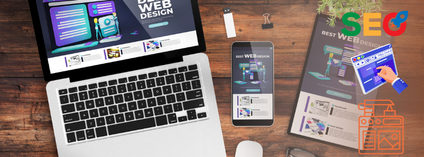 A website builder on the laptop , phone and tablet screens and graphics for user interface, seo and web building