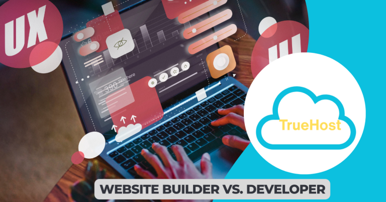 A man working on building a website on his laptop, the truehost logo and the title website builder