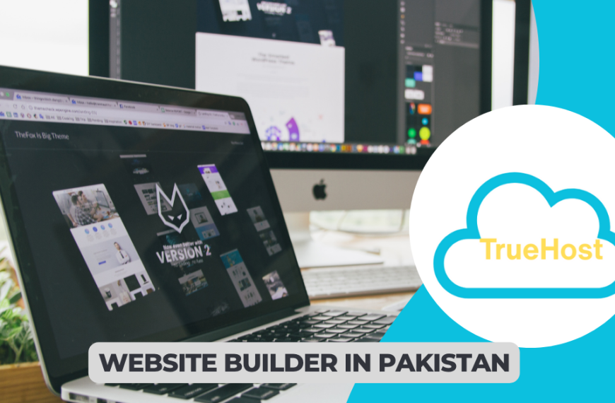 a laptop screen open and it has a website builder on and the truehost logo beside that and the title Website builder in Pakistan, below it