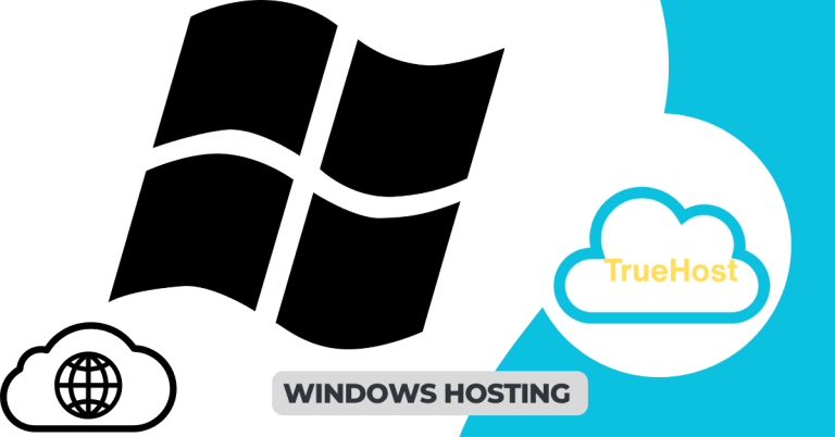 Shows a graphic of a windows logo and hosting graphic, truehost logo and the title, windows hosting