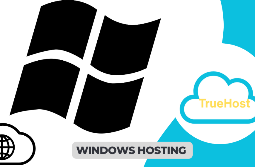 Shows a graphic of a windows logo and hosting graphic, truehost logo and the title, windows hosting