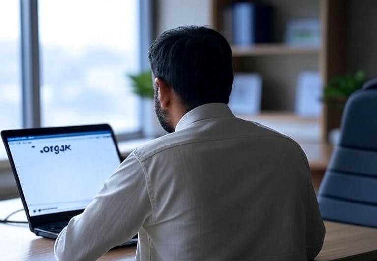 A pakistani man working on his computer in an office and on the screen is the .org.pk