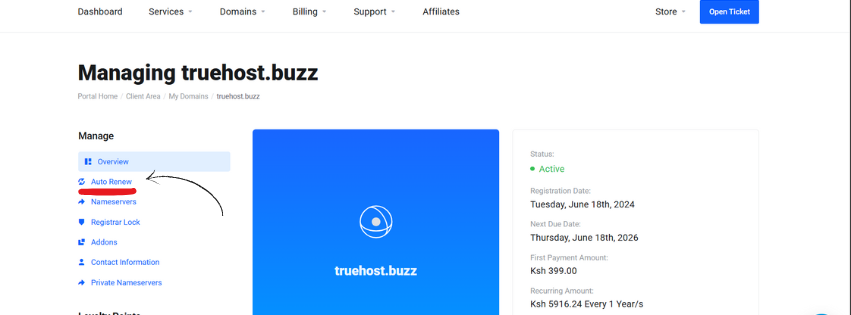 A screenshot of the auto renew button