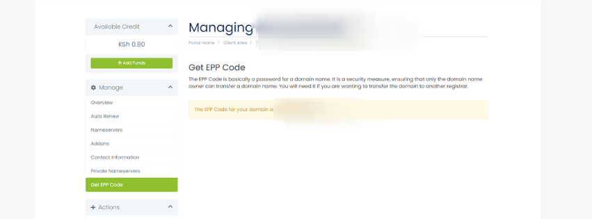 A screenshot of the registrar client area for the EPP Code important in domain transfer