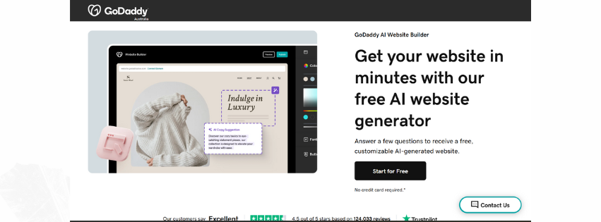 A screenshot of GoDaddy homepage, its AI website builder