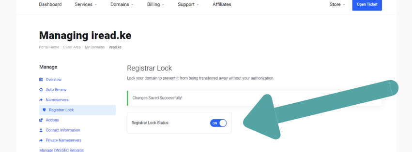A screenshot of registrar client area that allows your to transfer a domain by first disabling the lock status
