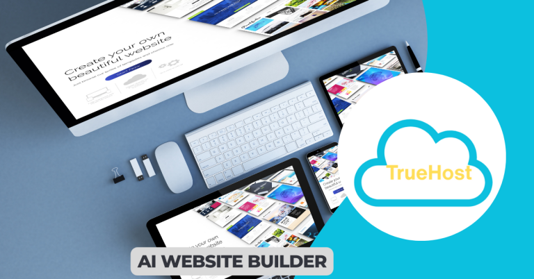 Website being build in the background on desktops and the truehost logo and title ai website builder