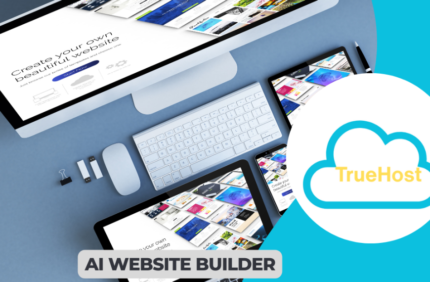 Website being build in the background on desktops and the truehost logo and title ai website builder