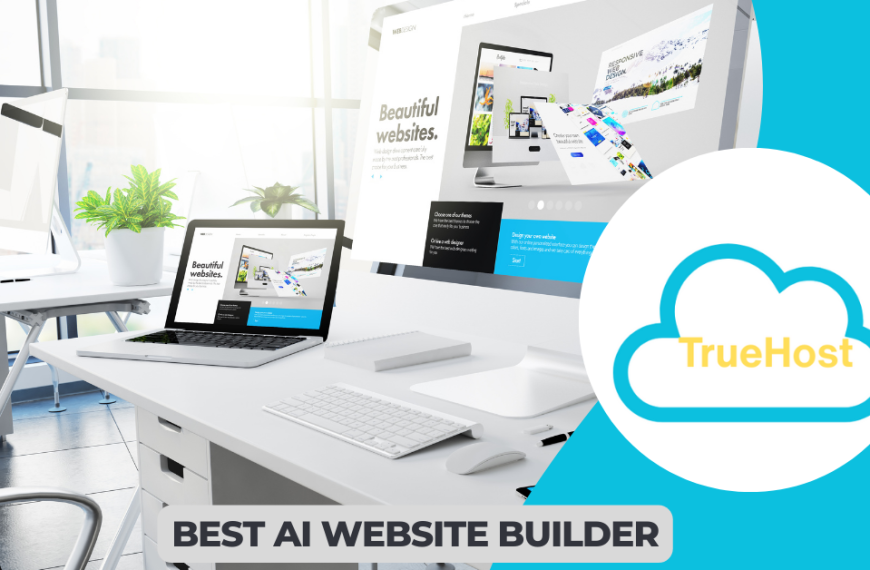 A person making website, truehost logo and the title best ai website builder