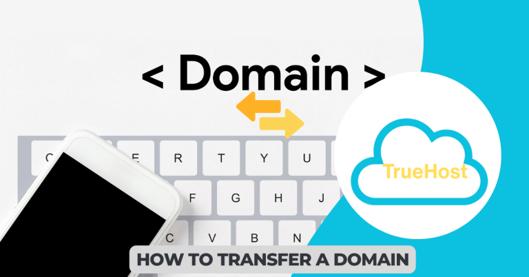 Shows the domain transfer graphic, truehost logo and the title how to transfer a domain