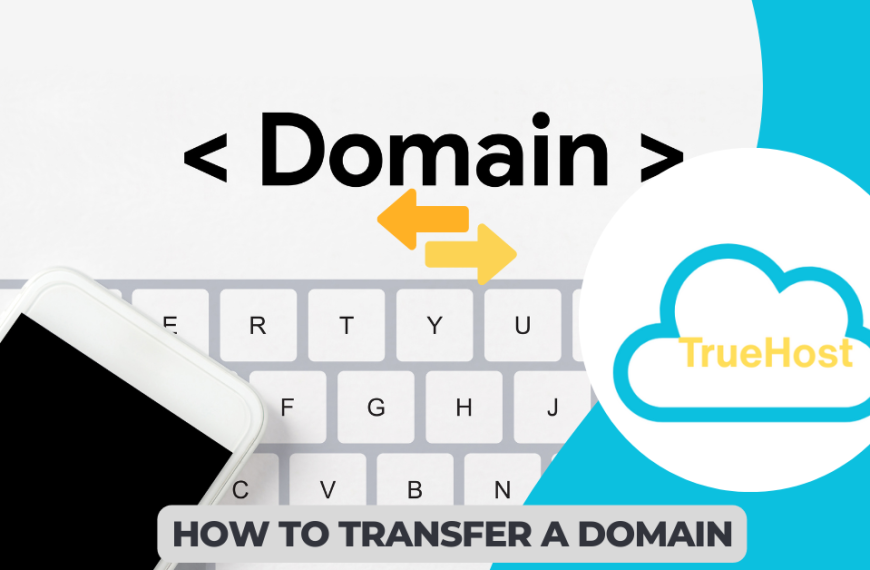 Shows the domain transfer graphic, truehost logo and the title how to transfer a domain