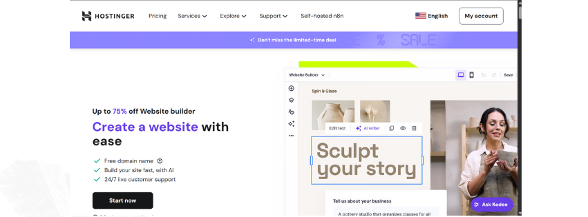 A screenshot of Hostinger AI's homepage