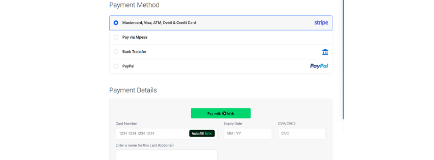 A screenshot of the payment area and payments options includin credit cards, bank transfer, paypal and mpesa