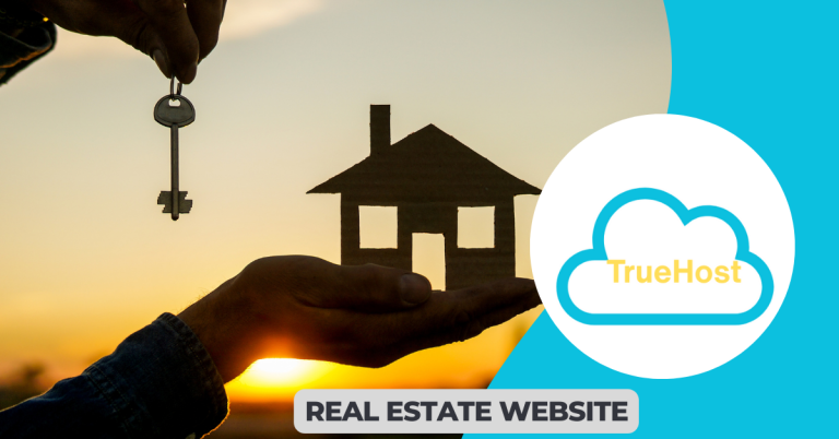 Shows a person holding a house model on his palm and the title real estate website and truehost logo