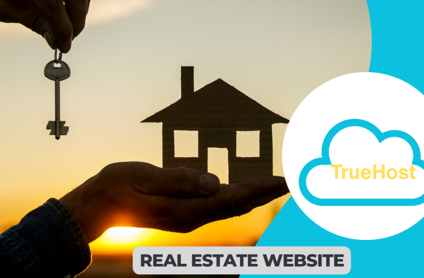 Shows a person holding a house model on his palm and the title real estate website and truehost logo