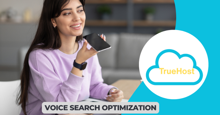 A womain doing a voice seearch on her phone, truehost logo and the title voice search optimization