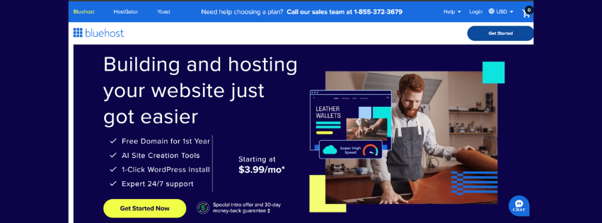 A screenshot of the bluehost homepage, another email hosting servicesproviders