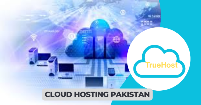 a graphic of clouds and servers, truehost logo and the title cloud hosting pakistan